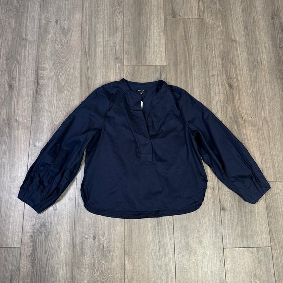 Madewell V-Neck Long-Sleeve Top SZ M Deep Indigo Pleated Sleeve Stretch Pullover - Picture 3 of 7